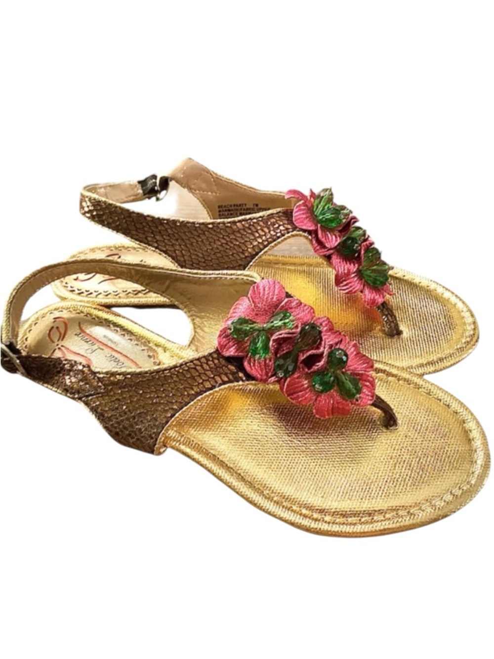 Poetic License Beach Party metallic Gold Sandals Floral beaded embellishment 7m